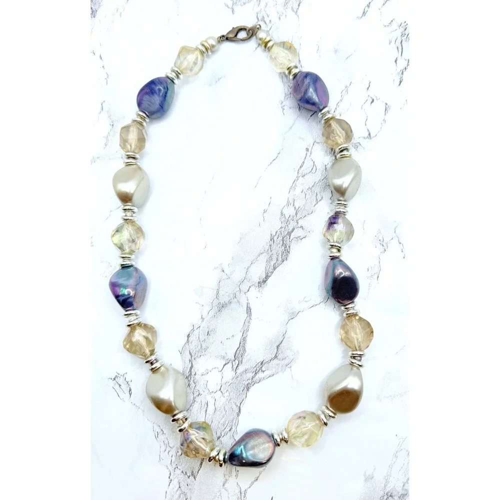 Chunky Iridescent Blue and Clear Glass Bead Statement Necklace 20